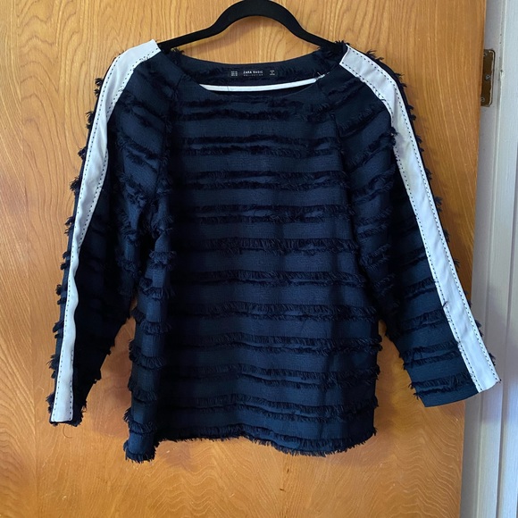Zara fringe blouse with white stripe sleeve XS - Picture 1 of 6